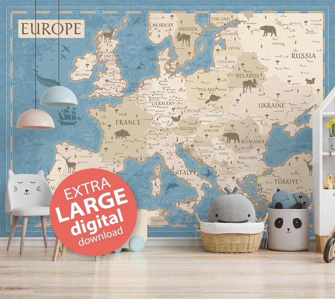 Printable Europe Map Poster - Kids Pastel Wall Art, Illustrated Map for ...