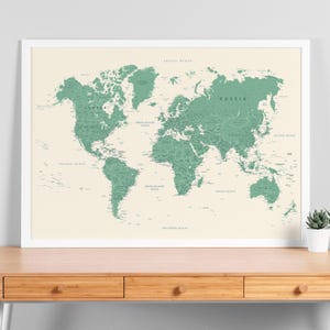 Póster imprimible de mapa del mundo grande en color verde con países: mapa detallado del mundo en color crema lima / Impresión de mapa digital, mapa de decoración de pared