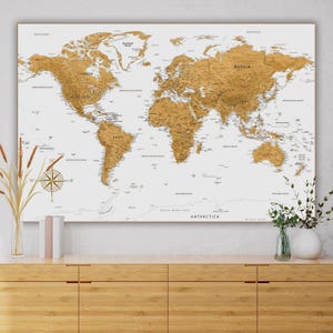 Weltkarte Großes Poster in Gold & Weiß - Detaillierte Karte der Welt | Wohnkultur Wandkunst | Karte für Poster und Drucke Download