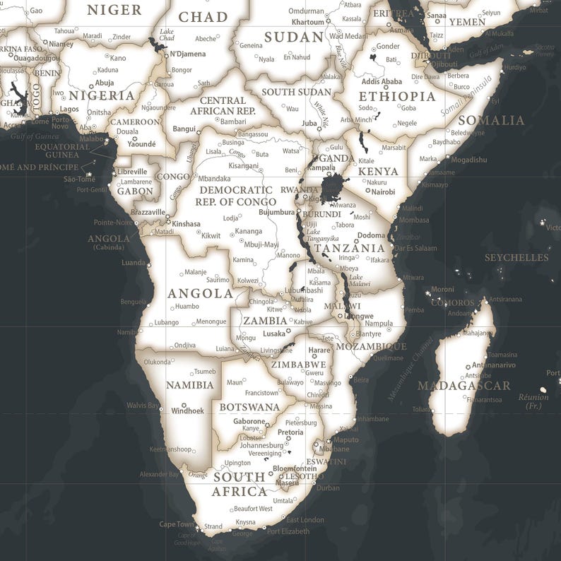 Black and White World Map Poster – Detailed Political Map Vintage Style ...
