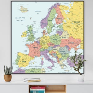 Carte colorée numérique de l'Europe en téléchargement, carte de l'Europe de voyage, cartographie des pays d'Europe, carte de l'Europe, affiche de la carte de l'Europe