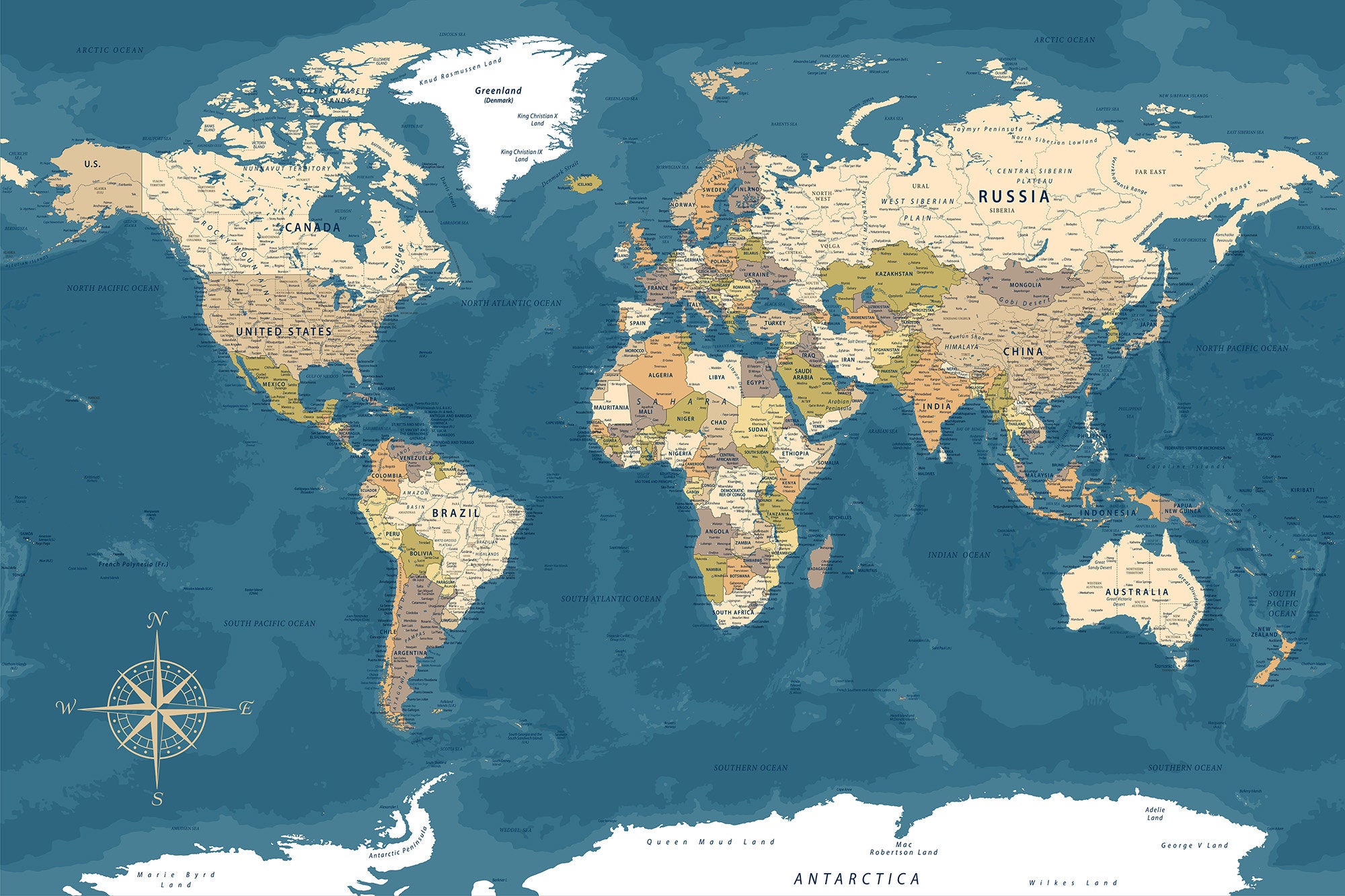 Detailed World Map With Countries and Cities - Neutral Tones Digital ...