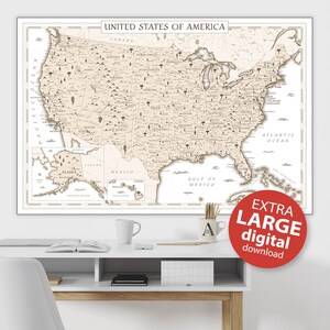 Druckbare Karte von Amerika mit Bundesstaaten und großen Städten, Pastell Wand Kunst Karte, Vintage USA Karte Druck, Bundesstaaten von Amerika Karte Digitaler Download