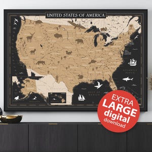 Kaart van de VS zwart - digitale grote kaart van de VS, kaart muur klaslokaal, kunst kinderkamer, kaart afdrukken Verenigde Staten van Amerika, kunst aan de muur homeschool.
