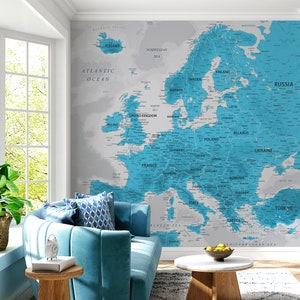 Landkarte Europa Blau Grau | Karte der europäischen Länder | Landkarte Westeuropa & Landkarte Osteuropa | Europakarte als Kunstdruck