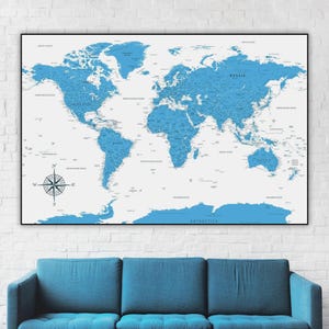 Carte du monde bleue à télécharger - grande carte du monde pour posters, papiers peints, impressions, art mural, décoration de maison et de bureau | Carte numérique du monde