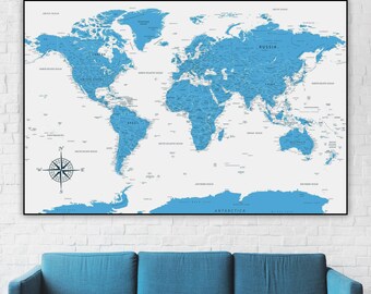 Printable download Blue World Map - Large World Map for posters, wallpapers, prints, wall art, home, office decor | Digital Map of the World