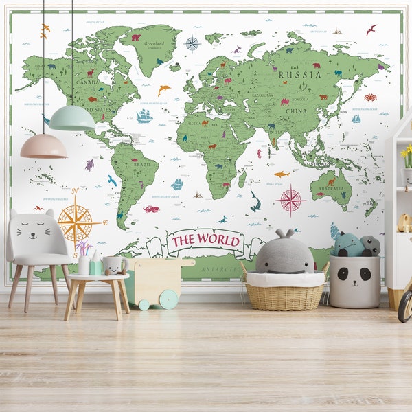 World Map - Cartoon Ancient Style. Map of the World - Digital Download.  Printable World Map for Children Room. World Map Wall Art Poster