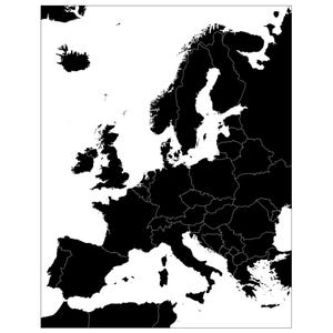 Afdrukbare Europa-kaart zwart-wit, Europa-kaartcontouren, kaart van Europa-overzicht afdrukken Instant digitale download, Europa-kaart PDF Vector + JPG