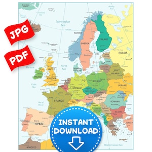 High‑Res Printable Europe Map PDF Vector + JPG, Educational Political Map of Europe Instant Download, Digital Europe countries map print