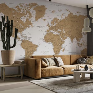 Carte du monde avec les pays - Carte du monde imprimable | Carte du monde numérique aux couleurs neutres pour l'art mural, l'affiche, le papier peint, les impressions