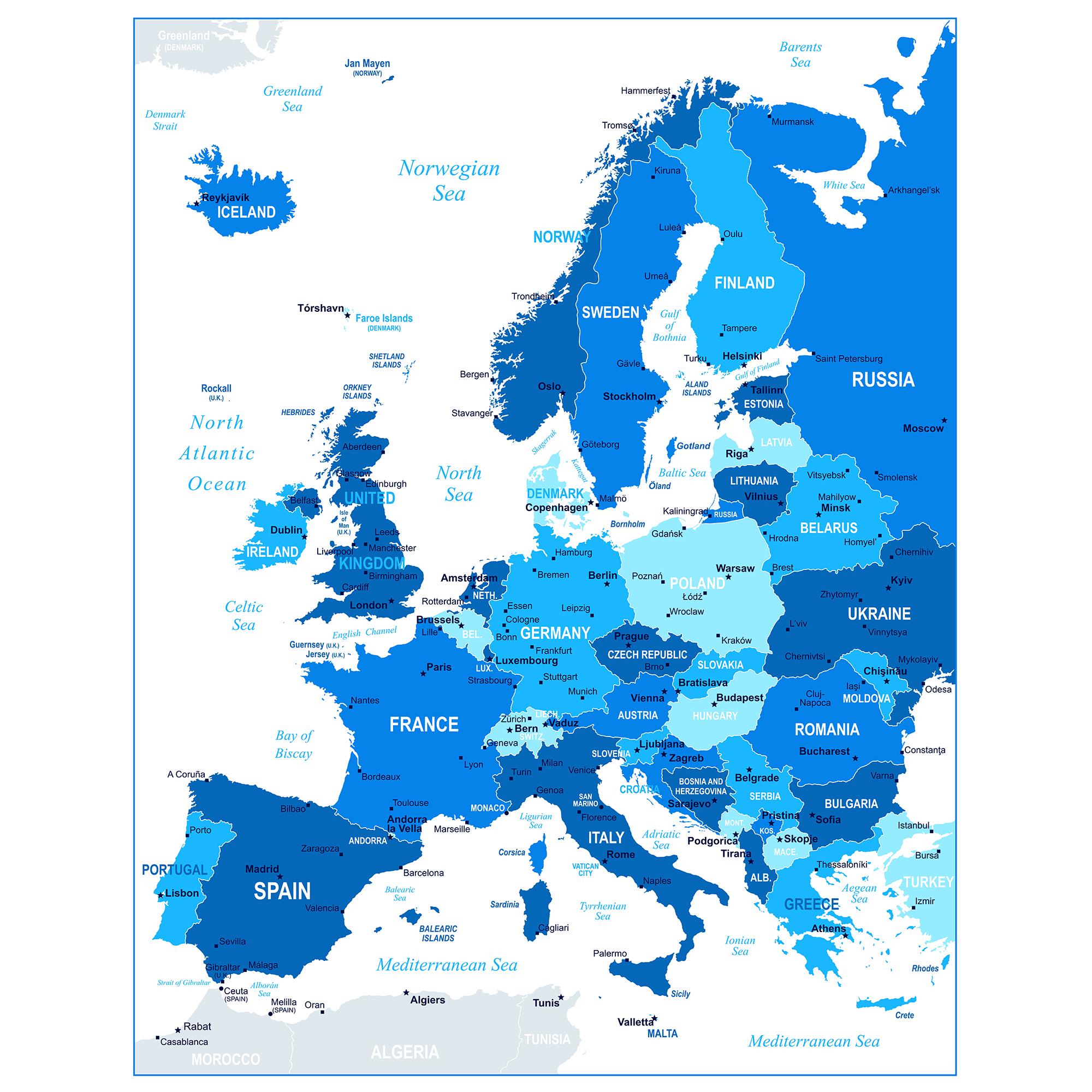 Blue Political Map of Europe Poster – Printable European Countries ...