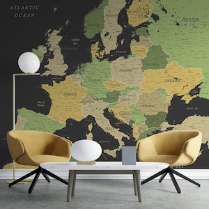 Stilvolle Europa Karte zum Ausdrucken - Schwarz Grün Gold Design | Detailkarte für Poster | Große Wandkunst für Reisebegeisterte Perfekte Geschenkidee