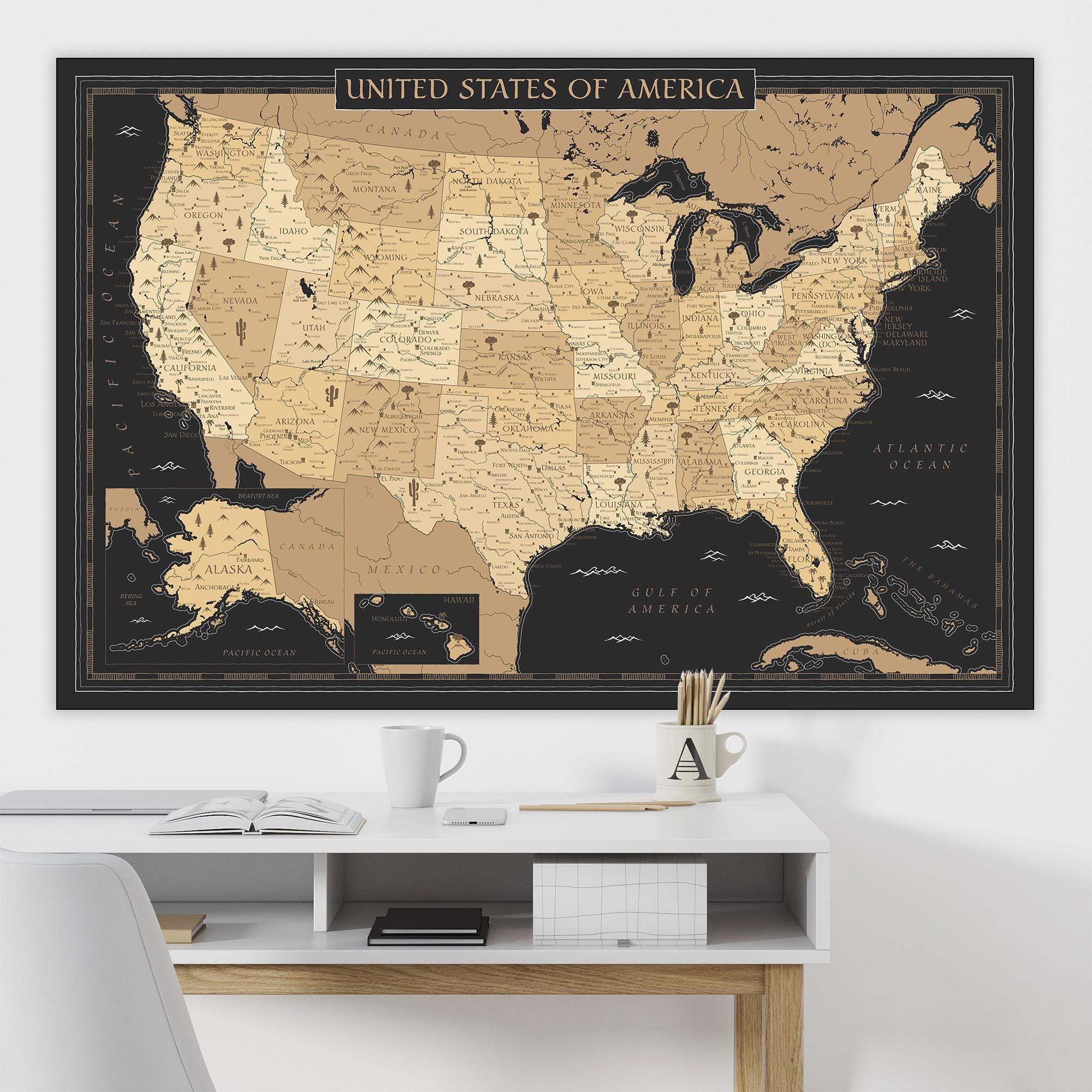 Vintage Style Black Golden USA Map Art Print - Ancient United