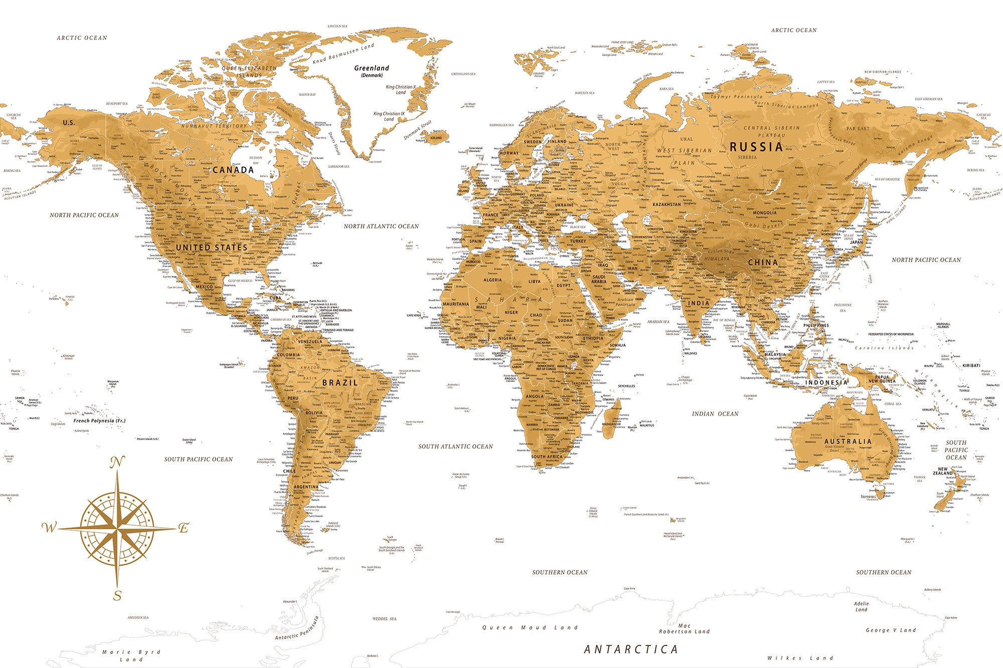 Printable Gold & White World Map Large Poster - Most Detailed Map