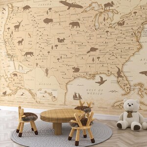 Kinder Karte von Amerika - Neutrale beige USA Karte, Große USA Karte für Kinder, USA Digitaler Download Poster, Kinder lernen Schulkarte, Beige Karte