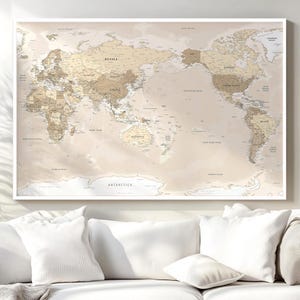 Pacific Centered Map Printable – Vintage Style World Map, Asia & Oceania, Digital Neutral Wall Art