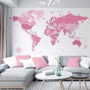 Digitale download wereldkaart roze | Roze muurkunst | Kaart kinderkamer | Afdrukbaar kunstontwerp voor meisjeskamer