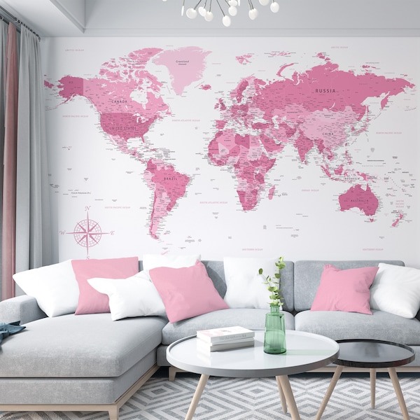 Pink World Map Digital Download | Pink wall art | Girls gifts | Kids room Map | Travel Gift | Wall printable art | Girls room wall design