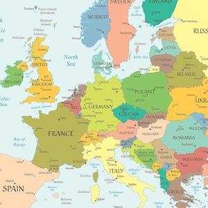 Digitale Politische Landkarte Europa | Karte der europäischen Länder | Europa Karte druckbares Poster | Länder Europas, Europakarte Print