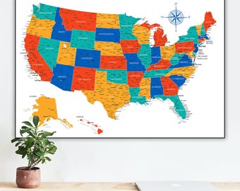 Poster colorato con mappa degli Stati Uniti / Arte murale per la scuola e la casa degli Stati Uniti (download digitale)