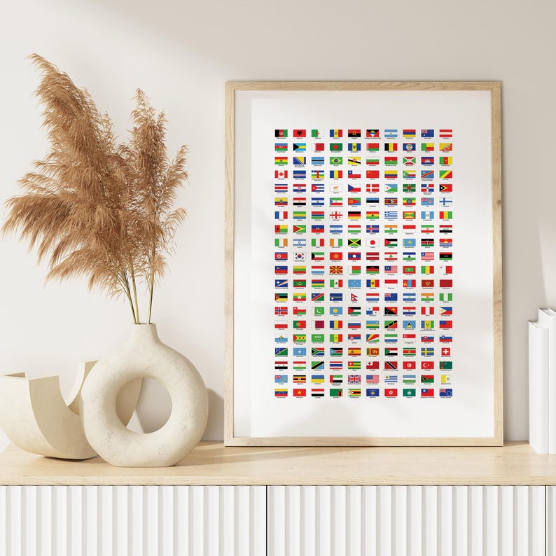 World Map With Flags Printable Set Educational Wall Art Political
