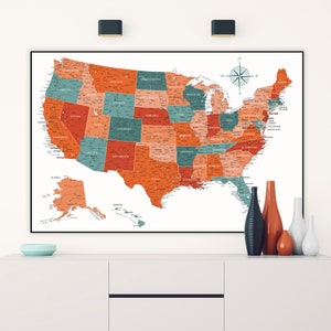 Digitale USA Karte Print | USA Map Poster | Detaillierte Landkarte von Amerika | Styled Home School Wandkarte | USA Karte, Staaten, Amerika