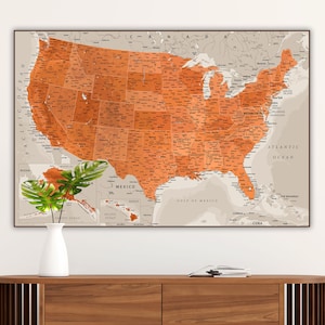 Mapa digital de EE. UU. - Mapa detallado de terracota de Estados Unidos / Mapa de EE. UU. de alta resolución con estilo marrón grisáceo para pared, póster de geografía para el hogar y la escuela para descargar