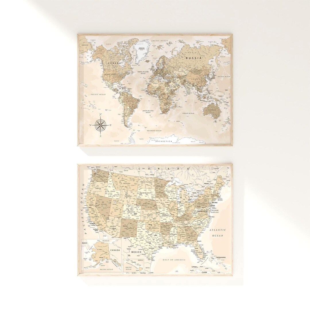 Neutral Beige World Map With USA Wall Art - Printable Posters Set of 2 ...