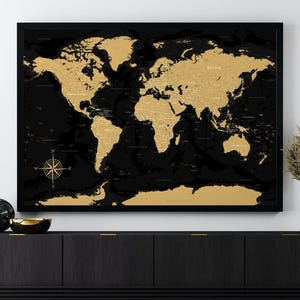 Schwarz und Gold druckbare Weltkarte - digitale Reisekarte, Geschenk für Freund, Jahrestag oder Valentinstag für ihn, druckbare goldene Weltkarte
