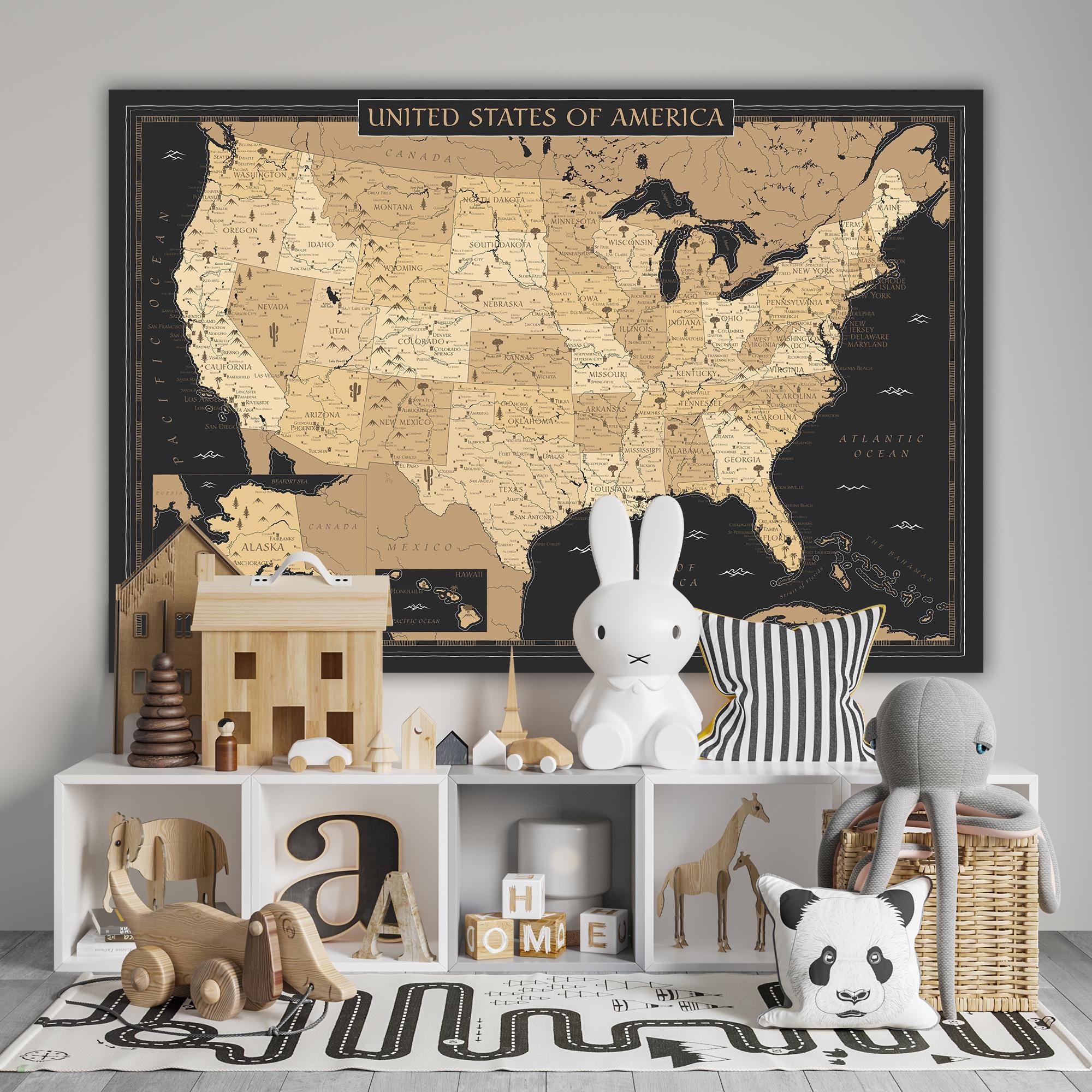Vintage Style Black Golden USA Map Art Print - Ancient United