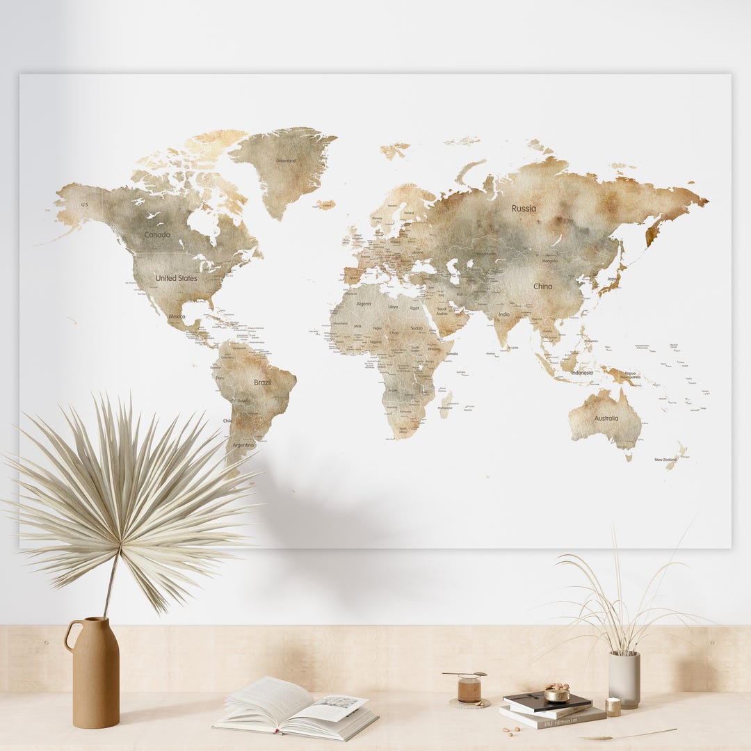 Pastel Watercolor World Map Poster Wall Art - Neutral Home Decor Print ...