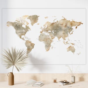 Carte du monde pastel en téléchargement numérique, carte beige neutre aquarelle imprimable, affiche d'art mural carte, carte du monde de voyage 72 x 48, 42 x 28, 36 x 24, 30 x 20"