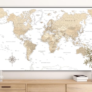 Mapa świata do natychmiastowego pobrania XL, mapa świata do druku, neutralna mapa świata, mapa podróży świata, wydruk mapy świata, plakat z beżową mapą, sztuka ścienna