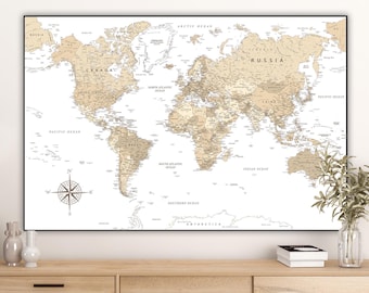 Wereldkaart Instant Download XL-kaart, afdrukbare wereldkaart, neutrale wereldkaart, wereldreiskaart, wereldkaart afdrukken, beige kaart poster kunst aan de muur