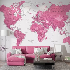 Pinke Weltkarte zum ausdrucken, Weltkarte mit Ländern, große digitale Weltkarte für die Wand, zum ausdrucken Mehr als 200 Kartendrucke