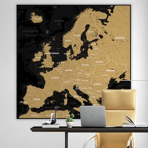 Schwarz & Gold Europa - Druckbare detaillierte Karte von Europa | Elegante oberschenkel-res Europa Karte für Poster, Wallpapers, Prints | Wohnkultur Wandkunst
