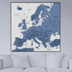 Mapa de Europa imprimible en azul oscuro y detallado, mapa político para pósteres e impresiones, mapa digital de Europa, mapas de países, mapa de Europa moderno