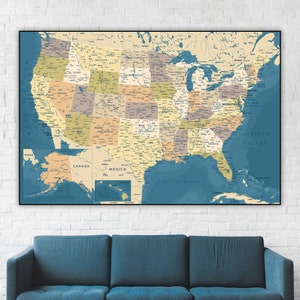 Hochdetaillierte druckbare Karte der USA - Marineblau Karte der USA digitaler Download | Großes US Landkartenart Poster | USA Map Print für Wanddeko
