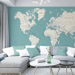Carte du monde imprimable bleu, beige - carte numérique du monde | Carte décorative haute résolution pour bureaux à domicile pour posters, papiers peints et impressions