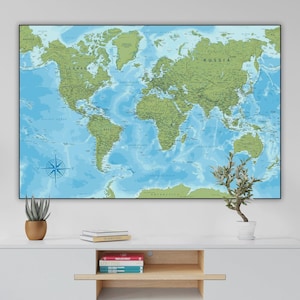 Mapa digital verde y azul del mundo con países: póster de mapa mundial grande imprimible / mapa detallado del mundo / descarga de mapa político mundial.