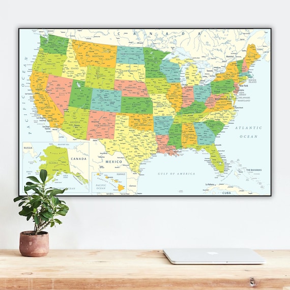 アメリカ壁掛け地図プリント - クラシックなアメリカ旅行地図ポスター