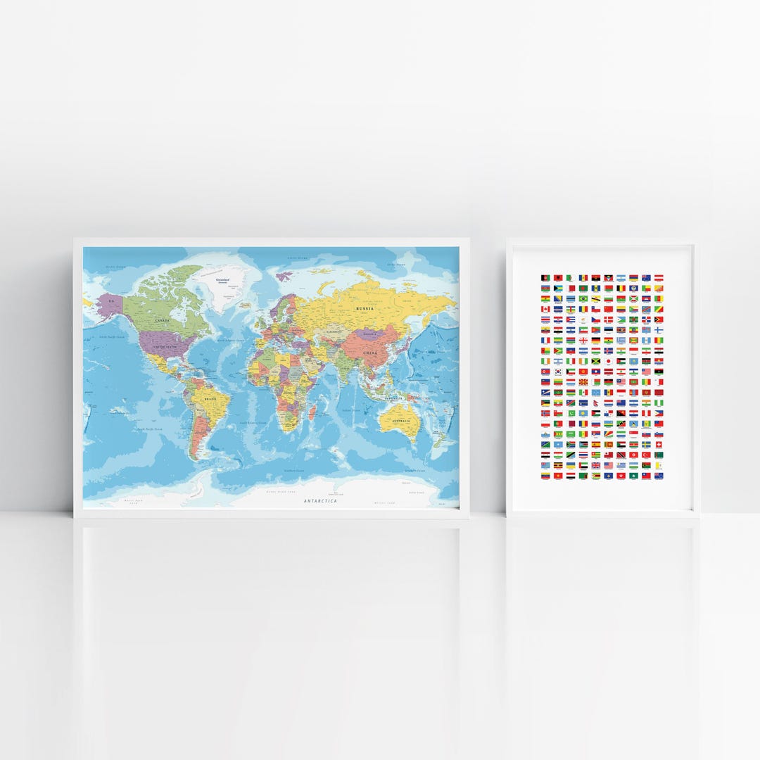 World Map With Flags Printable Set - Educational Wall Art - Political ...