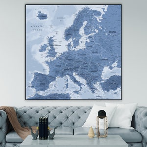 Mapa de Europa Gris Azul / Mapa de Países Europeos Descargar / Mapa de Europa Occidental y Mapa de Europa del Este / Impresión de arte mural con mapa europeo
