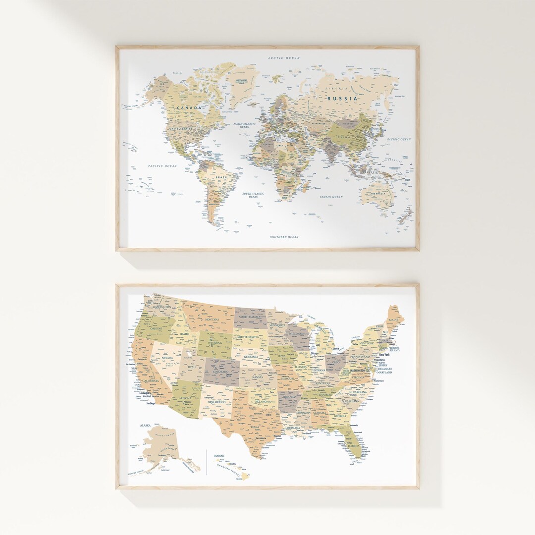 Us Map Neutral Digital World Map & United States Map Print - Wall Art Set Posters ...
