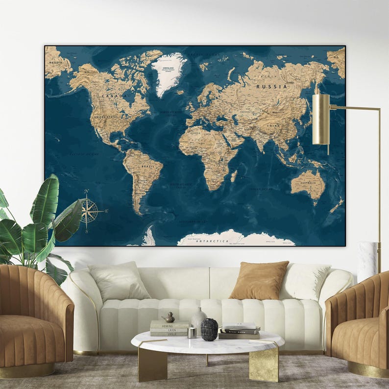 Highly detailed printable World Map poster in Blue, Gold colors, Downloadable large wall Map, Digital print World Map Vintage Political Map