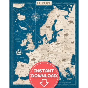 Printable EUROPE MAP for kids - Digital Blue Map of Europe, European Map poster, Europe wall art map, countries of Europe, baby nursery gift
