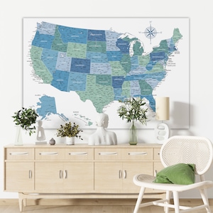 USA Karte - Blaue & Grüne hochauflösende USA Karte | USA Map zum ausdrucken für Poster, Wallpapers, Prints | Detaillierte Landkarte der USA