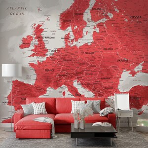 Rot & Burgundy Europa Karte - großes ausdruckbares Poster | Digitale moderne Landkarte der europäischen Länder, Rotweindruck, detaillierte rote Landkarte zum Herunterladen.