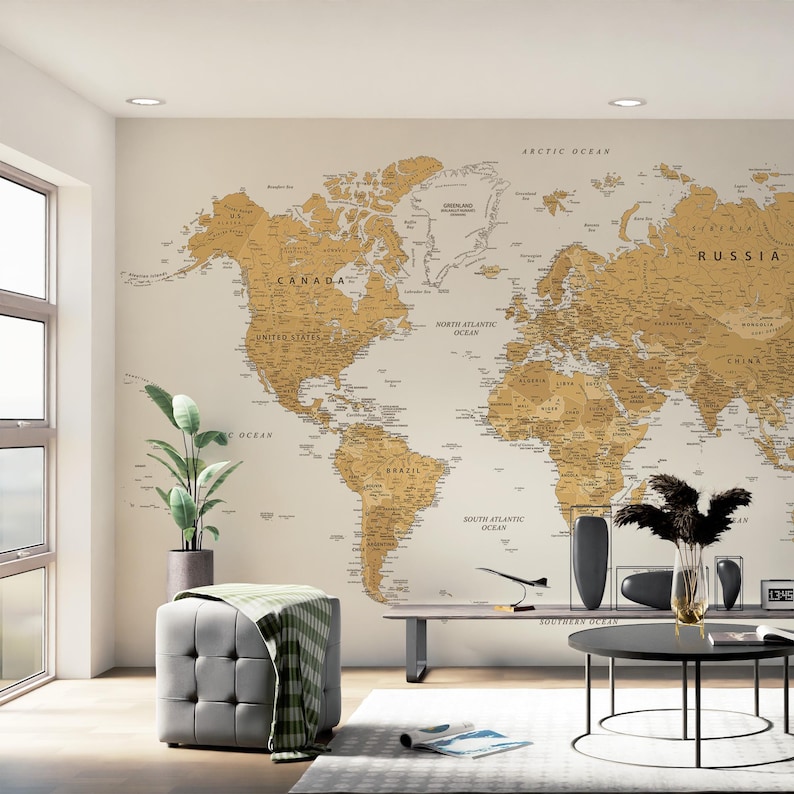 Large Beige World Map Printable - Classic Earth Tones Wall Art, Instant ...